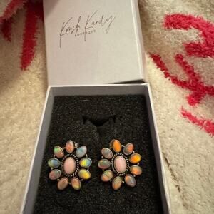 Fire opal sterling silver cluster western earrings pink orange tint